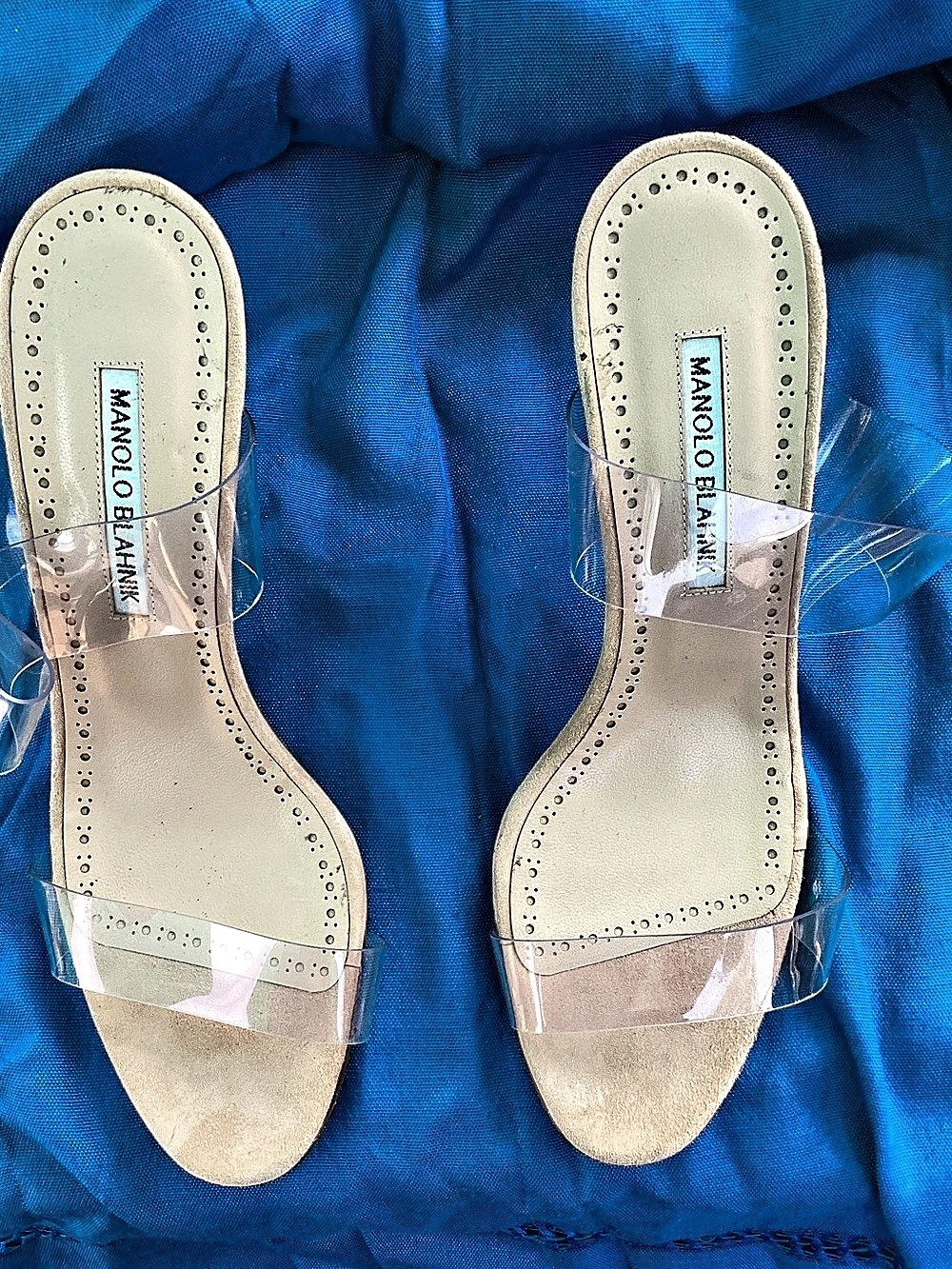 Manolo Blahnik Scolto Transparent-Strap Suede Mules Blue & Clear